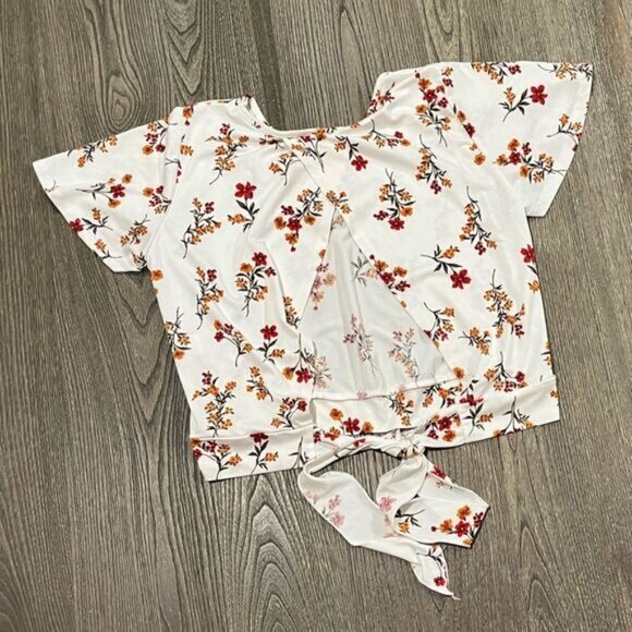 Pink Peony Womens Floral Crop Blouse Cut Out Tie Back Crewneck White Size Small - Picture 5 of 5